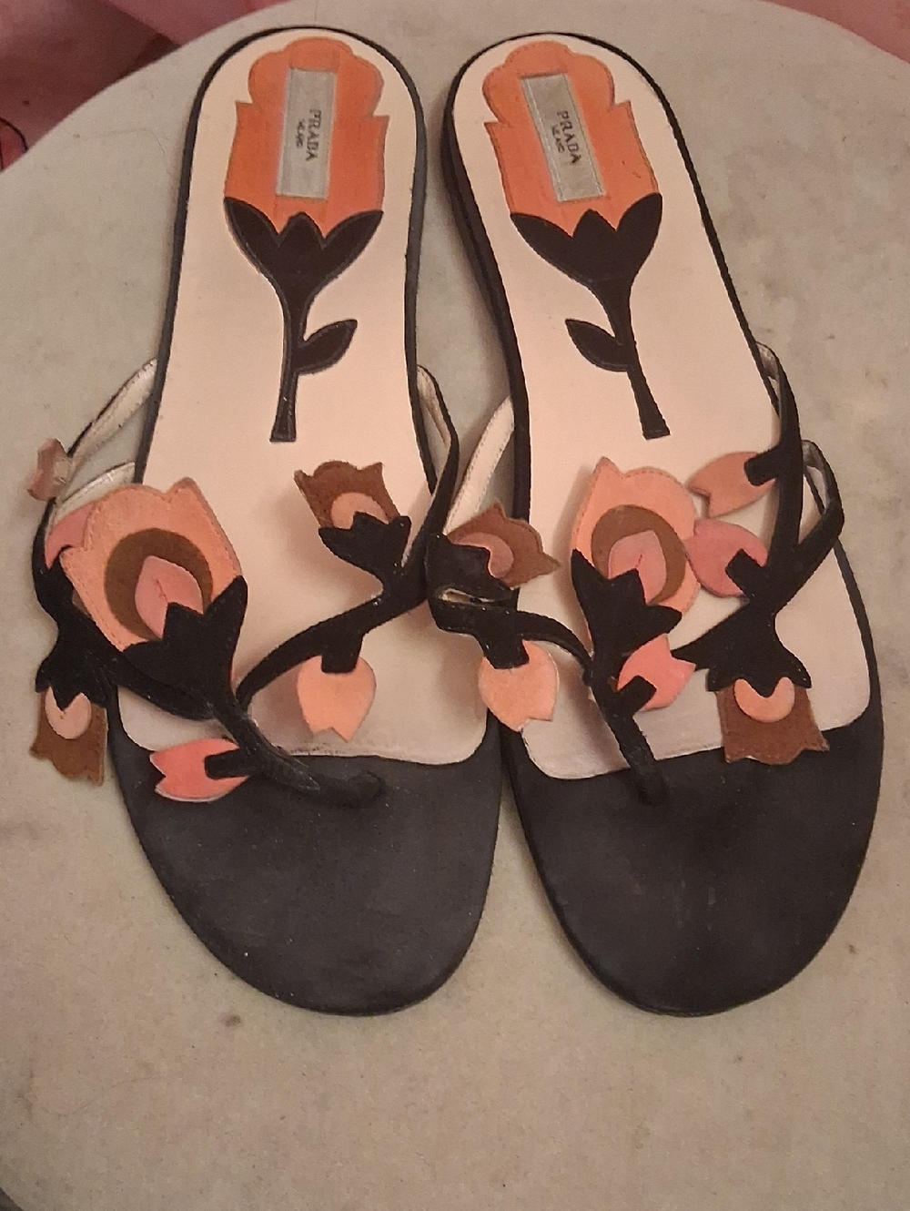 EPrada Black Slide Sandals with Peach & Brown Floral Accents 39 Us 8
